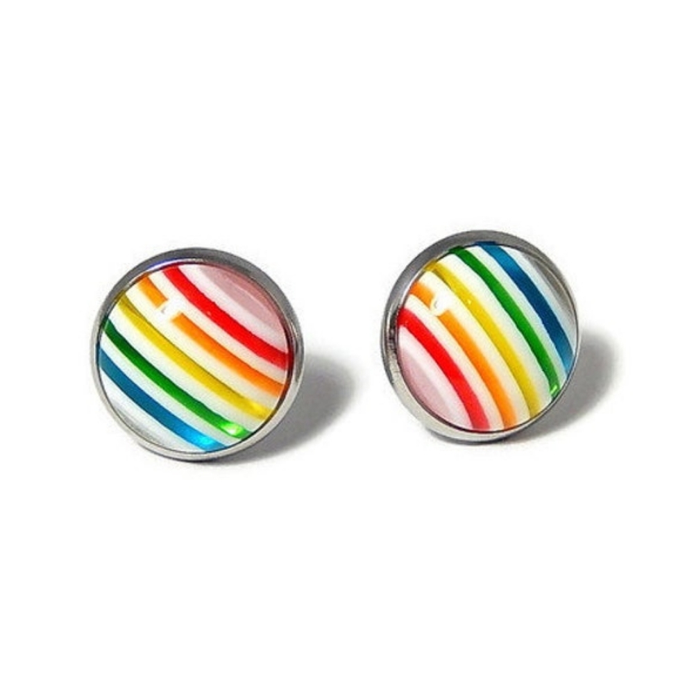 Striped Rainbow Stud Earrings 14mm, Colorful Studs